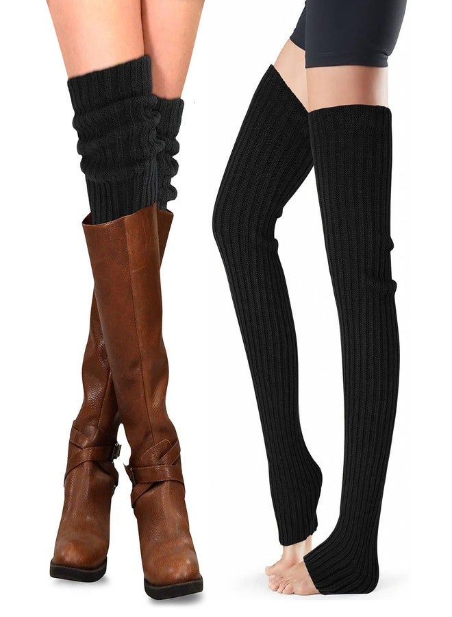 XEPST 2 Pairs Leg Warmers for Women, High Boot Cuffs Crochet Knitted Boot Topper Leg Cuffs Boot Warmers Over Knee Footless Socks for Winter Warmer, Black - Image 1